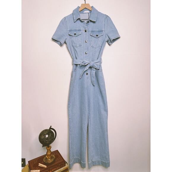 Avec Les Filles Womens Jumpsuit Denim Wide Leg Light Wash Belt Retro 70s Sz 29 - Picture 1 of 15